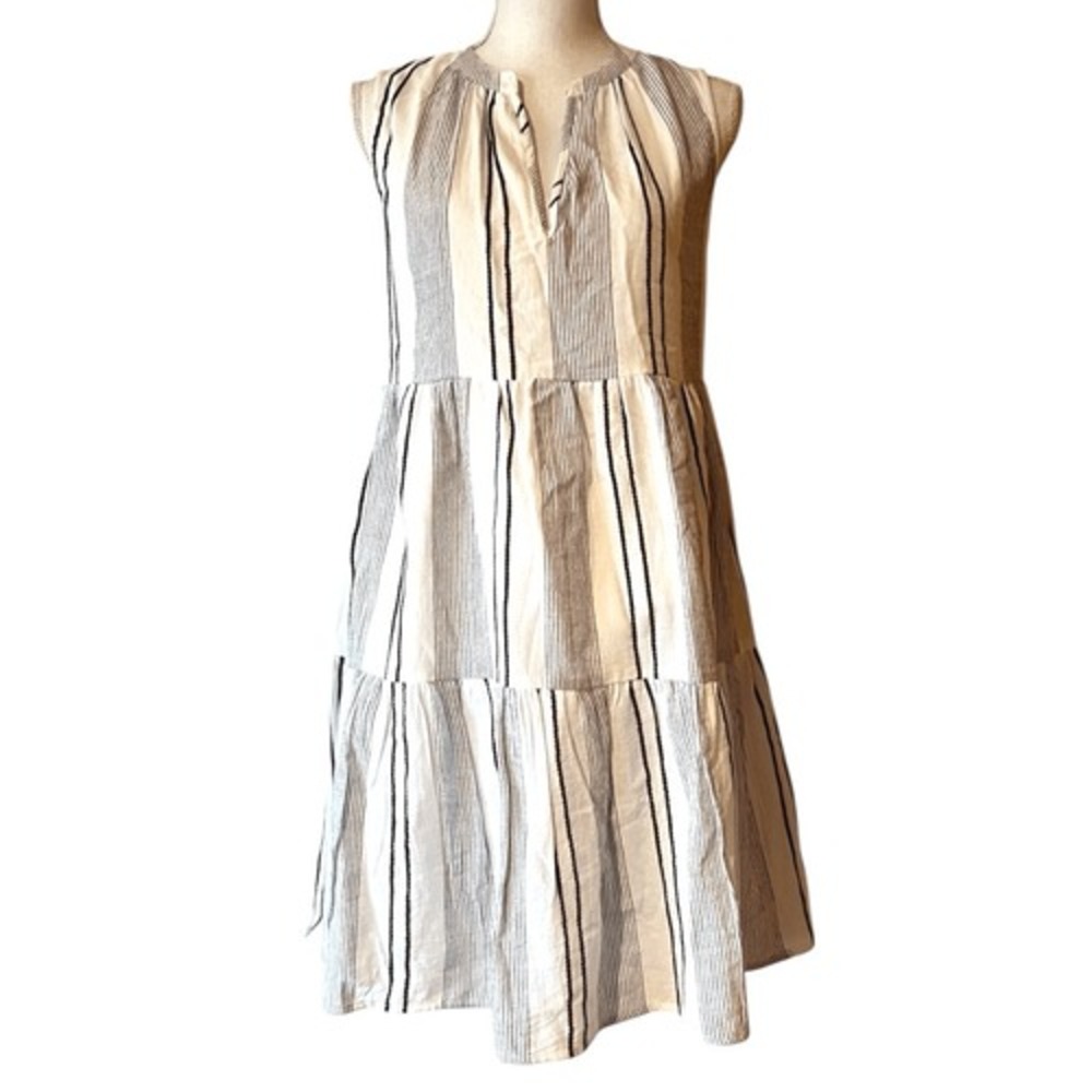 Sundry Striped Tiered‎ Midi Dress Sleeveless V Neck Cotton Women's